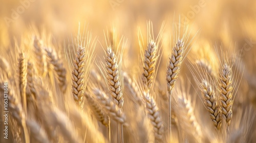 Wheat stalks dance gently in the warm golden sunlight at sunset, creating a serene scene. This captivating wheat image captures the essence of tranquility and natures beauty, with ample copy space.