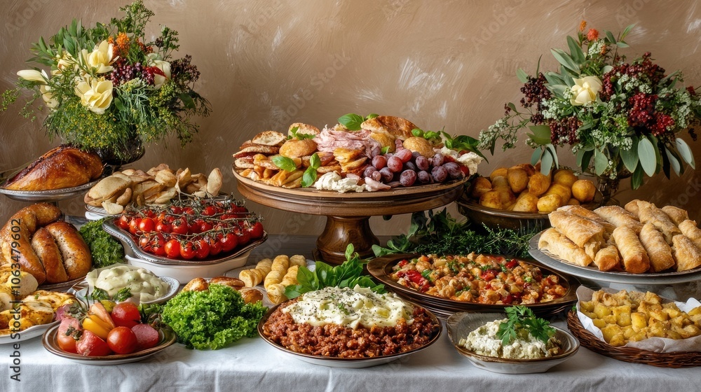 A table filled with an assortment of food items, presenting a variety of delicious dishes. The food items create an inviting atmosphere with ample copy space for text. A table filled with an assortment of food items, presenting a variety of delicious dishes. The food items create an inviting atmosphere with ample copy space for text.