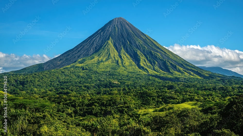 A dormant volcano rising majestically against a clear blue sky, A dormant volcano rising majestically against a clear blue sky,