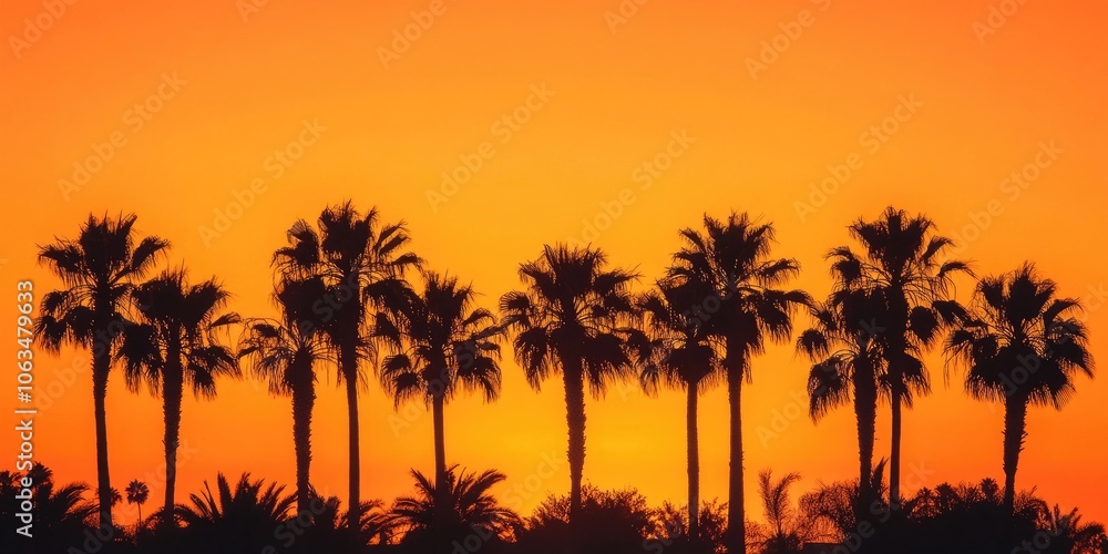 Silhouetted palm trees stand out against a vibrant orange sky during sunset, creating a striking contrast that captures the beauty of the evening. Silhouetted palm trees stand out against a vibrant orange sky during sunset, creating a striking contrast that captures the beauty of the evening.