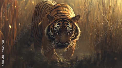 A big tiger prowls stealthily, searching for prey in its natural habitat. The intense focus of the big tiger highlights its hunting instincts, with ample copy space for design needs. photo