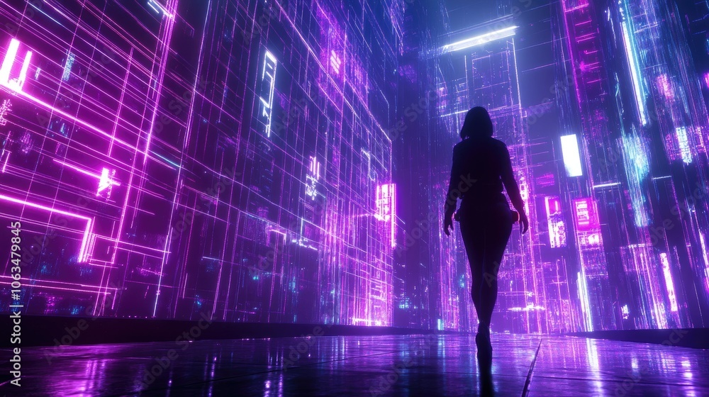 Futuristic Scene with Neon Lights and Silhouette Futuristic Scene with Neon Lights and Silhouette