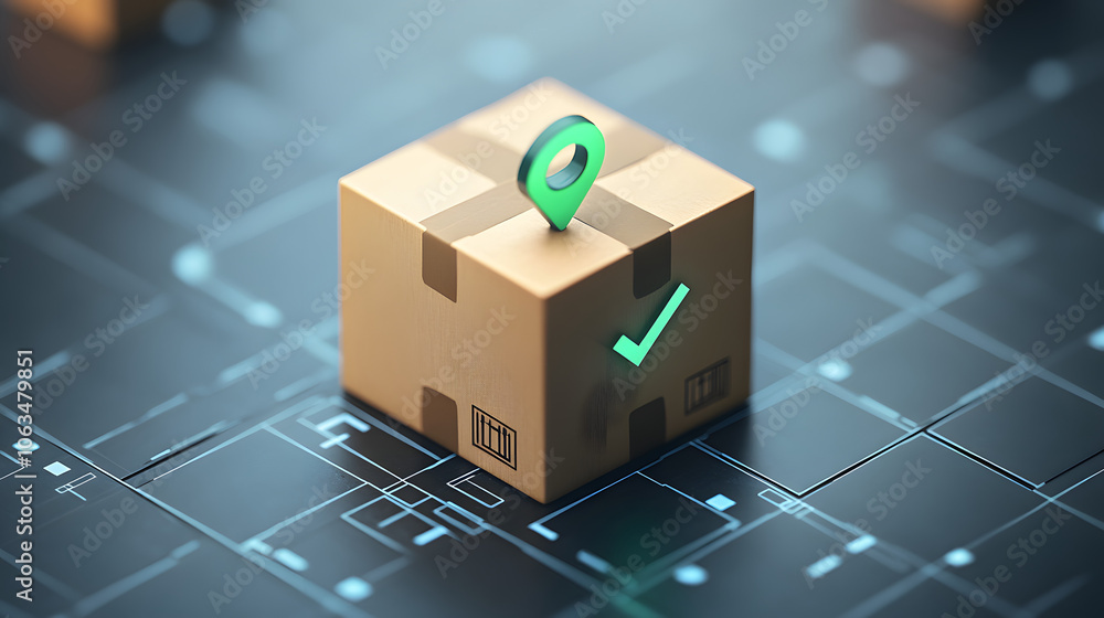 Vibrant and Modern Parcel Tracking System Icon Featuring Cardboard Box and Location Pin with Check Mark Vibrant and Modern Parcel Tracking System Icon Featuring Cardboard Box and Location Pin with Check Mark