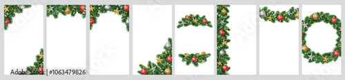 Christmas tree decoration. Holiday garland, festive corner, Christmas wreath. Frame, branch with Christmas glitter ornaments. Vertical format for social media. Transparent background in vector file.