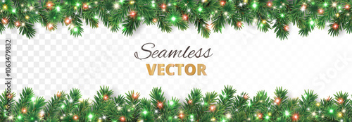 Christmas tree seamless garland with glowing sparkling Christmas lights decoration. Vector border for holiday banners, party posters, headers. Transparent background can be removed in vector file.