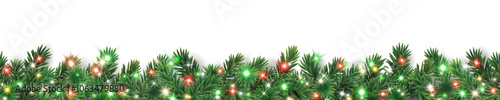 Christmas tree seamless garland on transparent background. Realistic pine-tree branches with glowing sparkling Christmas lights decoration. Vector border for holiday banners, party posters, headers.