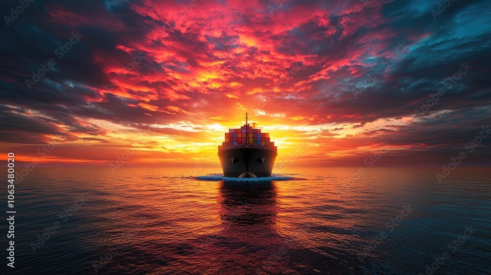 Container ship navigating towards a vibrant sunset, the silhouette of the ship creating a striking contrast against the colorful sky. Ideal for maritime imagery with ample copy space. Container ship navigating towards a vibrant sunset, the silhouette of the ship creating a striking contrast against the colorful sky. Ideal for maritime imagery with ample copy space.