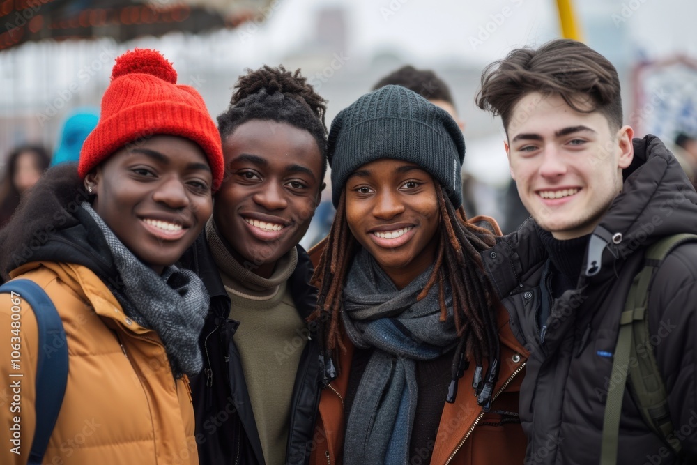 Two couples stand closely together, smiling at the camera in an amusement park. They're warmly dressed in jackets, beanies, and scarves. Two couples stand closely together, smiling at the camera in an amusement park. They're warmly dressed in jackets, beanies, and scarves.