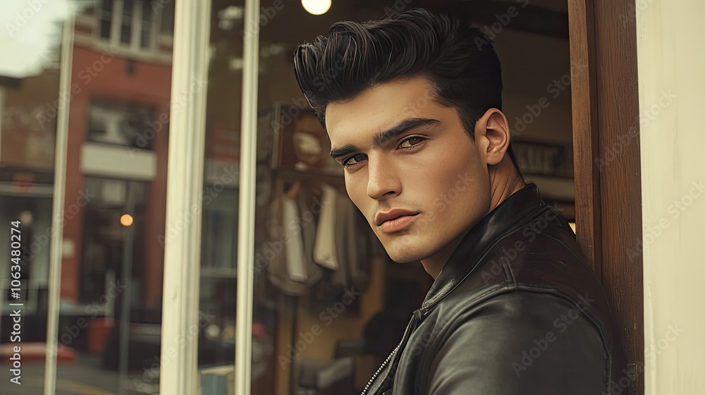 Stylish Young Man in Leather Jacket by Storefront Stylish Young Man in Leather Jacket by Storefront
