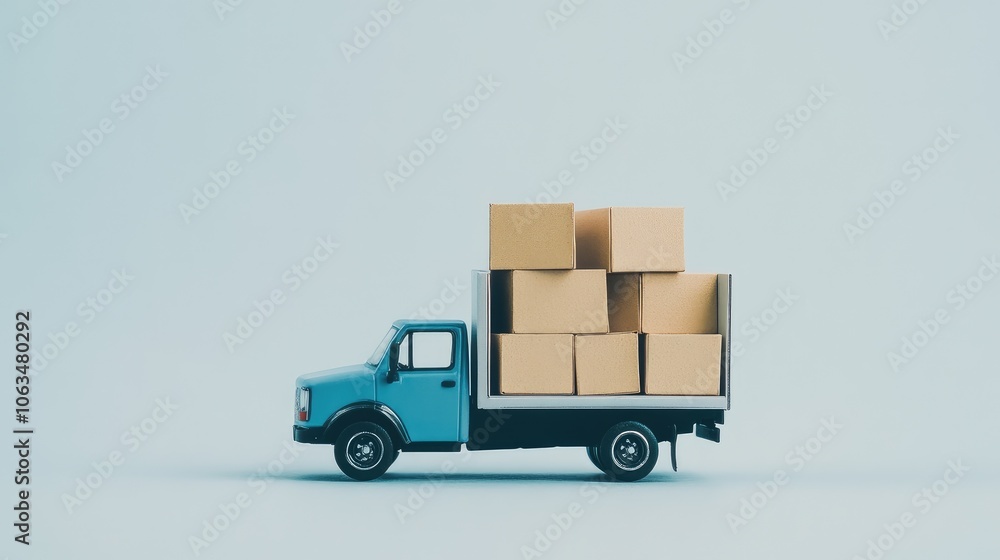 Tiny delivery truck with cardboard boxes arranged in front, set against a white background, symbolizing shipping processes Tiny delivery truck with cardboard boxes arranged in front, set against a white background, symbolizing shipping processes