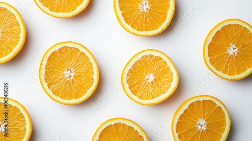 Fresh, juicy orange slices isolated against a white background, capturing the vibrant color and texture of oranges. Perfectly arranged with ample copy space for various uses.