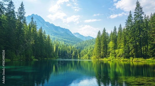 Scenic mountain landscape captured on a sunny day, highlighting vibrant forests and clear lakes, offers an inviting view of natures beauty with ample copy space.