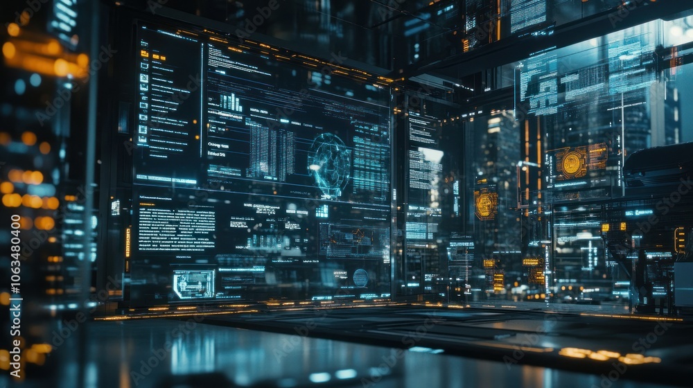 Fototapeta premium Robot with artificial intelligence is working on digital cyber data analysis desktop screen background wallpaper AI generated image