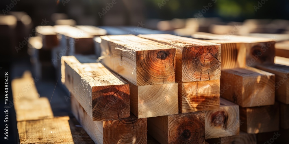 A stack of rough-hewn wooden beams bathed in warm sunlight, showcasing the natural grain and texture of the wood. A stack of rough-hewn wooden beams bathed in warm sunlight, showcasing the natural grain and texture of the wood.