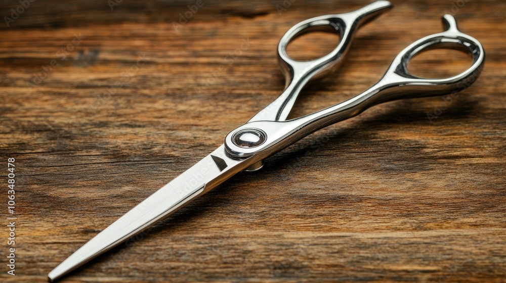 Sleek Silver Scissors on Wooden Surface Sleek Silver Scissors on Wooden Surface