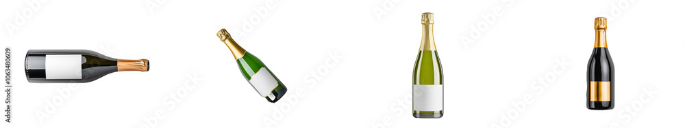 The bottle of champagne is horizontally oriented on a white background. It is transparent. The bottle of champagne is horizontally oriented on a white background. It is transparent.