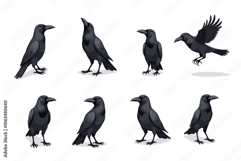 Fototapeta premium Six illustrations of ravens, white background, different poses