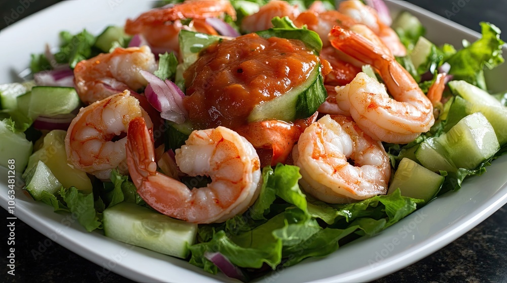 A vibrant salad beautifully mixed with shrimp cocktail sauce, capturing the essence of shrimp cocktail in a fresh and appetizing presentation, with ample copy space for text. A vibrant salad beautifully mixed with shrimp cocktail sauce, capturing the essence of shrimp cocktail in a fresh and appetizing presentation, with ample copy space for text.