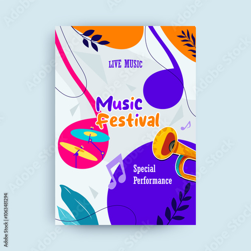poster template design for music concert. Lively celebrations featuring trumpet musical instruments. There are musical note elements. Music festival design concept