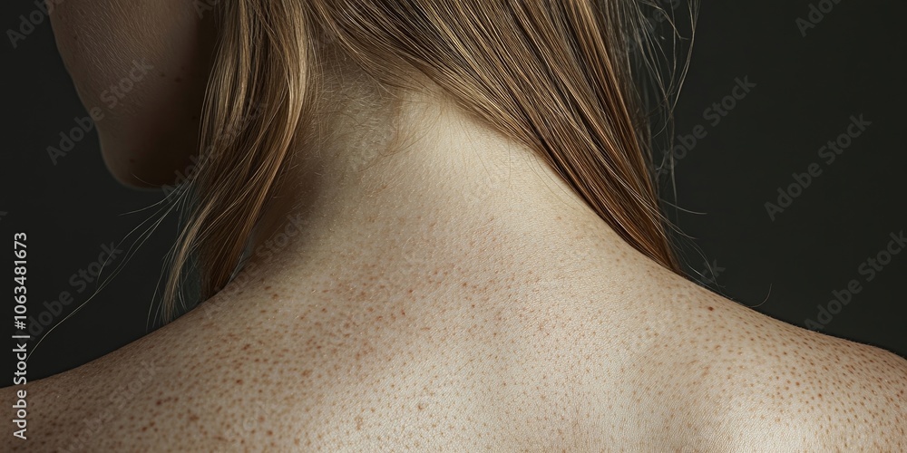 Close up view of a womans back, showcasing notable marks and scars, with certain areas accentuated for emphasis on the details of the skins texture. Close up view of a womans back, showcasing notable marks and scars, with certain areas accentuated for emphasis on the details of the skins texture.
