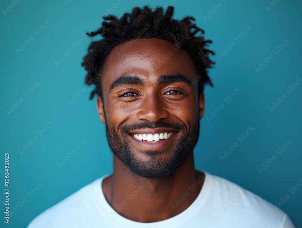 A confident man with curly hair smiles warmly against a solid blue background, exuding positivity and friendliness. A confident man with curly hair smiles warmly against a solid blue background, exuding positivity and friendliness.