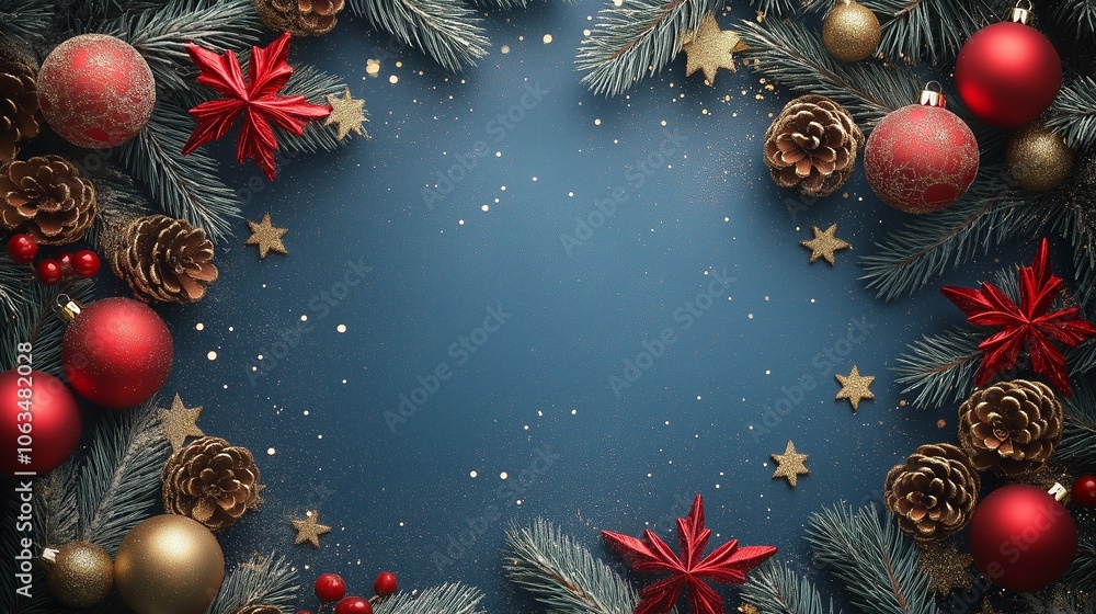 Christmas background with pine needles and cones, balls, New Year's decor, Merry Christmas and Happy New Year Christmas background with pine needles and cones, balls, New Year's decor, Merry Christmas and Happy New Year
