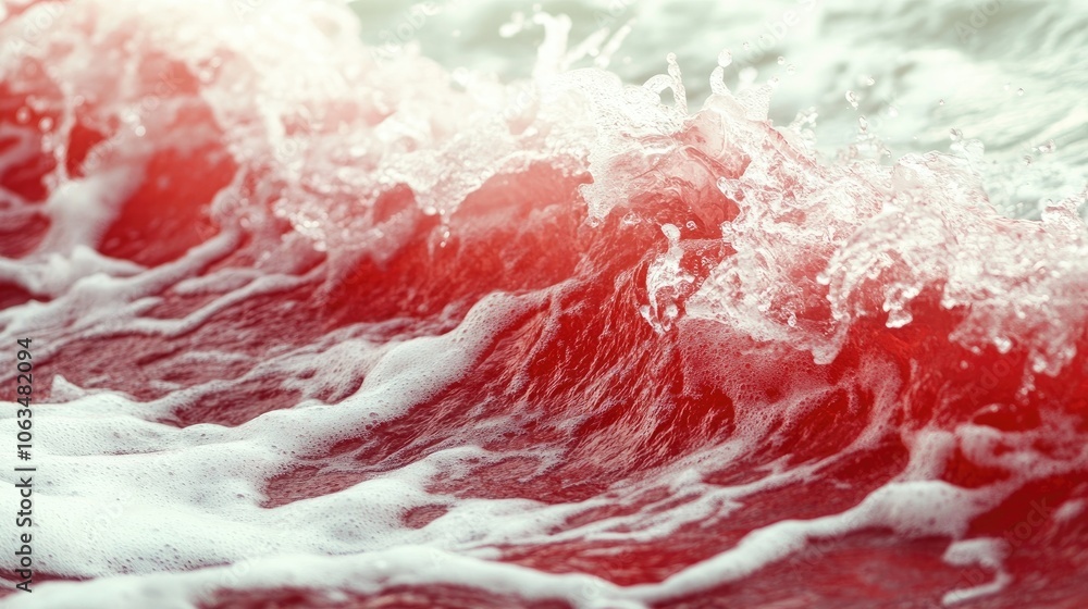 Close-up image capturing red waves interacting with rolling foam, creating a dynamic scene of colors and textures. Ideal for designs requiring photo style with ample copy space. Close-up image capturing red waves interacting with rolling foam, creating a dynamic scene of colors and textures. Ideal for designs requiring photo style with ample copy space.
