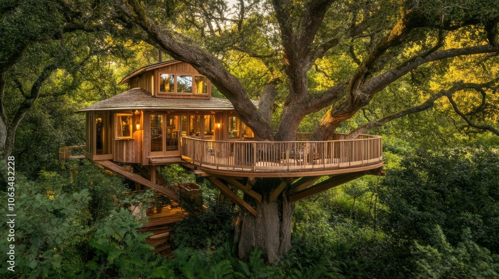 A dream treehouse with a wide wooden deck, nestled in a large