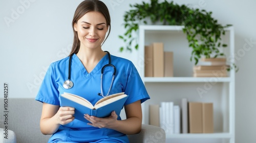 Nurse Reading Book in Cozy Home Office Setting photo