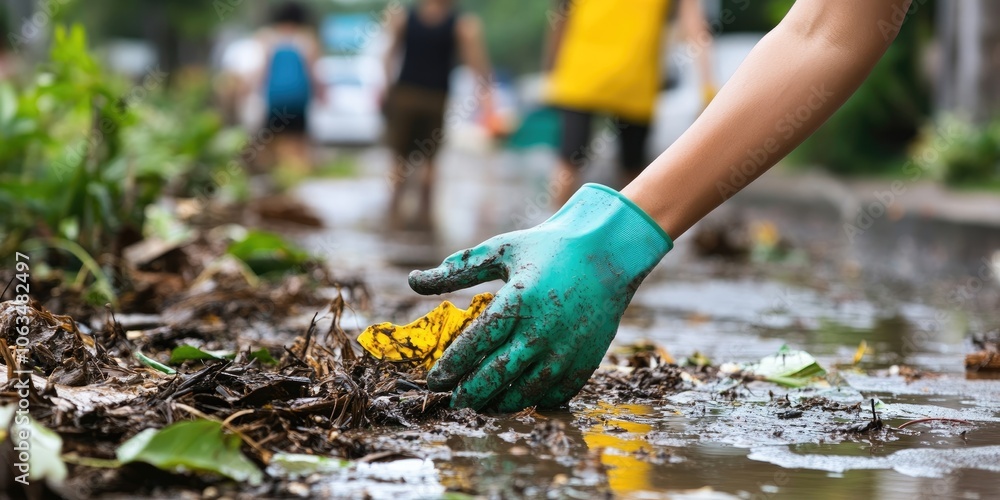 Clearing up post flood areas, individuals are wearing rubber gloves to safely remove debris and restore the space to its original condition after the flooding incident.
