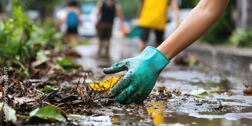 Clearing up post flood areas, individuals are wearing rubber gloves to safely remove debris and restore the space to its original condition after the flooding incident.