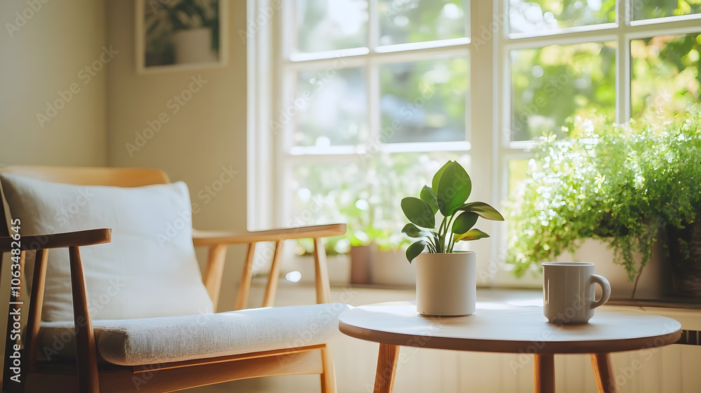 Serene and cozy living room setting with wooden armchair and round table, adorned with a potted plant and coffee mug, bathed in natural sunlight through large windows. Serene and cozy living room setting with wooden armchair and round table, adorned with a potted plant and coffee mug, bathed in natural sunlight through large windows.