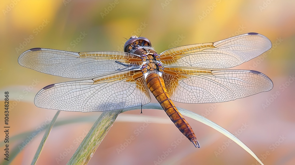 A stunning close-up of a dragonfly perched on a blade of grass, showcasing its intricate wing patterns and iridescent colors against a soft, blurred background. A stunning close-up of a dragonfly perched on a blade of grass, showcasing its intricate wing patterns and iridescent colors against a soft, blurred background.