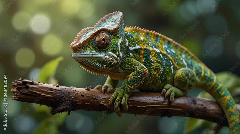 A chameleon perched on a tree branch. The intricate patterns and unique eye structure of the chameleon, which allows it to focus independently with each eye, are clearly visible. A chameleon perched on a tree branch. The intricate patterns and unique eye structure of the chameleon, which allows it to focus independently with each eye, are clearly visible.