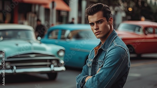 Cool Young Man with Vintage Cars in Background