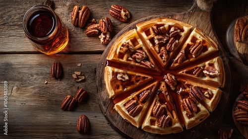 Delicious sliced waffles topped with maple syrup and pecans create a mouthwatering scene on a rustic wooden background. This waffle arrangement invites enjoyment and enticing flavors.