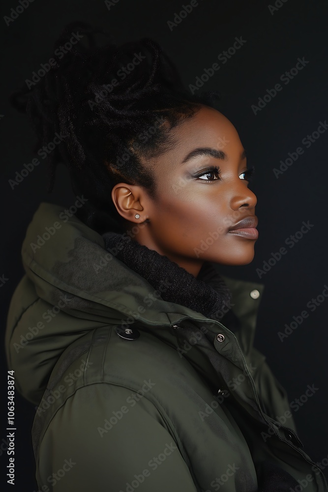 Side Profile of a Young Black Woman in a Parka Perfect for Representing Modern Winter Fashion and Diversity in Apparel Imagery Side Profile of a Young Black Woman in a Parka Perfect for Representing Modern Winter Fashion and Diversity in Apparel Imagery
