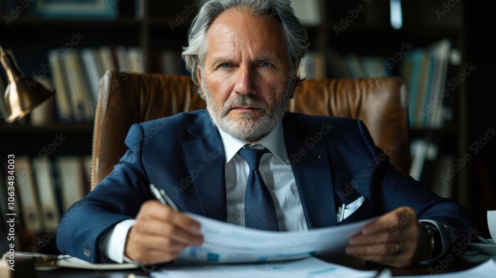 An elderly man sits at a desk in an office setting, holding documents. He appears thoughtful and concentrated, dressed in a formal suit with a bookshelf in the background. An elderly man sits at a desk in an office setting, holding documents. He appears thoughtful and concentrated, dressed in a formal suit with a bookshelf in the background.