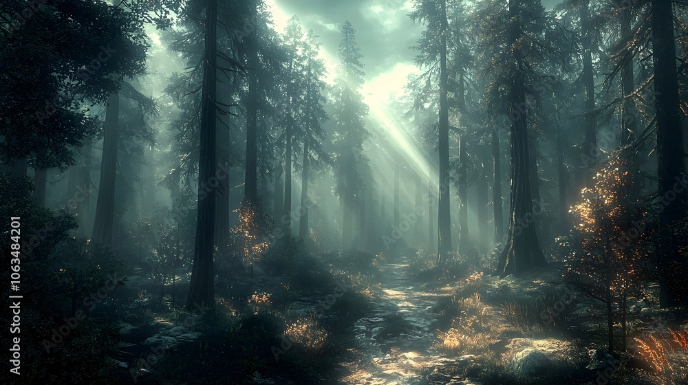 Obraz premium A serene forest scene featuring tall pine trees with soft rays of sunlight filtering through the mist, creating a mystical and tranquil atmosphere.