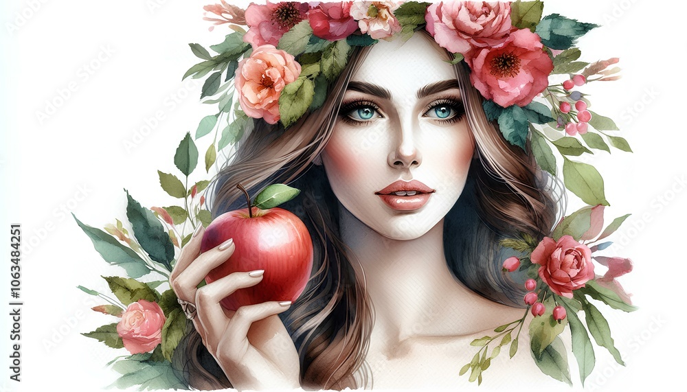 beautiful young woman with an apple, watercolor beautiful young woman with an apple, watercolor