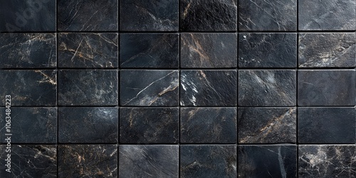 A texture background featuring black granite tiles, showcasing the unique patterns and appearance of the dark stone, creating a sophisticated and elegant design.