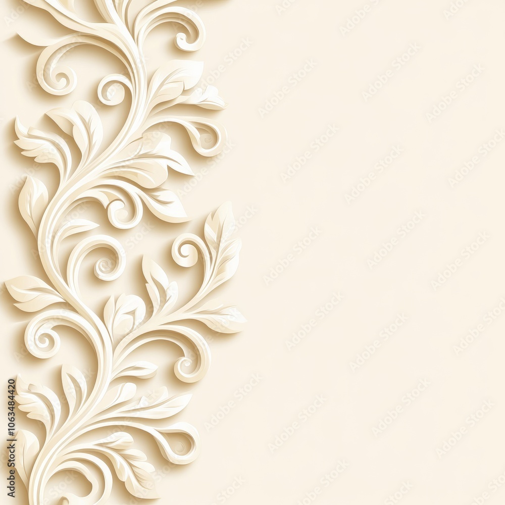 Ornate floral design in relief on a soft beige background. Ornate floral design in relief on a soft beige background.