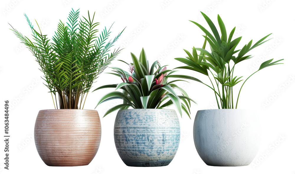 Fototapeta premium Three potted plants are lined up on a white table. The plants are of different sizes and colors, with one being a large green plant, another a medium-sized green plant