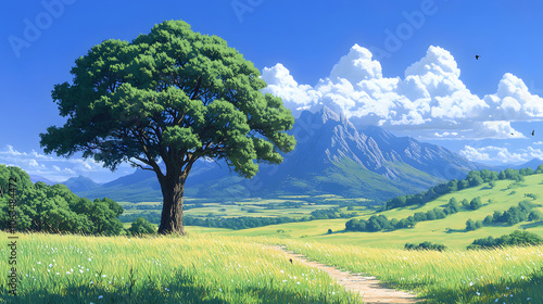 A Serene Landscape Featuring a Tall and Symmetrical Araucaria Tree Surrounded by Vibrant Nature and Clear Blue Skies