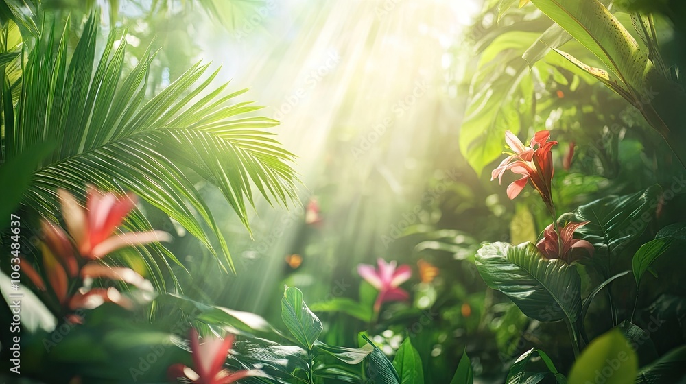 Diverse tropical plants basking in sunlight create a captivating scene, emphasizing the beauty and variety of tropical flora with ample photo style copy space. Diverse tropical plants basking in sunlight create a captivating scene, emphasizing the beauty and variety of tropical flora with ample photo style copy space.