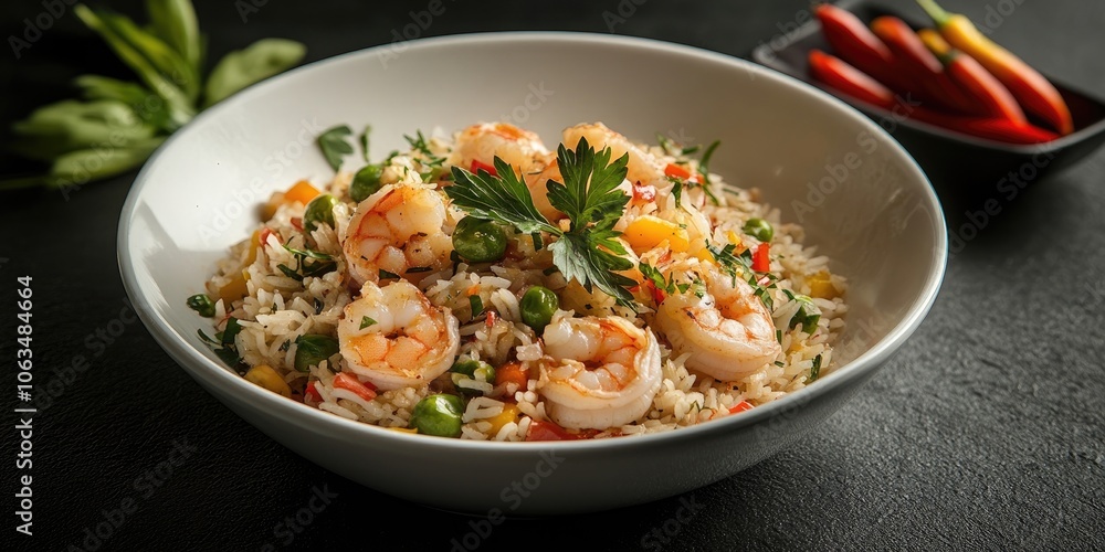 A bowl of fried rice featuring shrimp along with a variety of mixed vegetables. This dish combines flavorful shrimp and colorful vegetables in a hearty fried rice mix. A bowl of fried rice featuring shrimp along with a variety of mixed vegetables. This dish combines flavorful shrimp and colorful vegetables in a hearty fried rice mix.