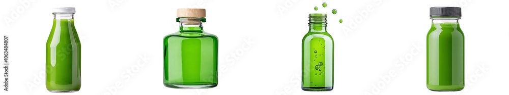 A transparent green baby bottle with silicone nipples on a white background. A transparent green baby bottle with silicone nipples on a white background.