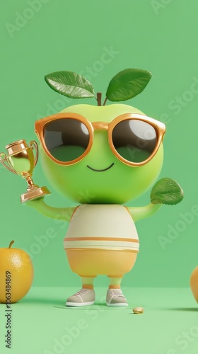 
cute chibbi 3d blender apple character wearing gangster meme sunglasses holding a champion trophy  photo