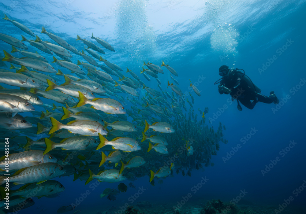 Fototapeta premium Snapper fish school. Shoal of fish in sea. Fish in ocean.