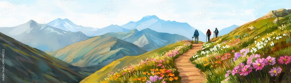 Fototapeta premium Scenic mountain trail with flowers, hikers enjoy vibrant nature.